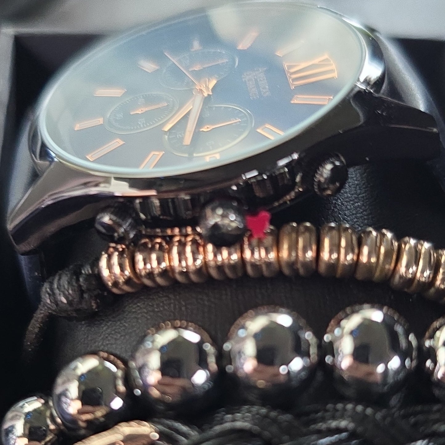 American Exchange Black Gold Leather Metal Watch & Bracelet Jewelry Set