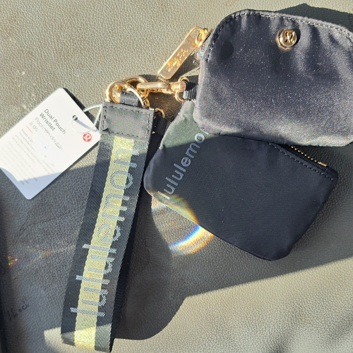 Lululemon Dual Pouch Wristlet Key Chain Black Gold Hardware Logo Accent
