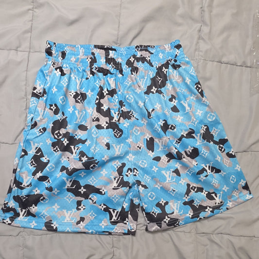 Asylum Men's Blue Black Camouflage Logo Swim Shorts XL Drawstring Mesh Lined