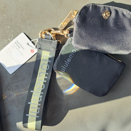 Lululemon Dual Pouch Wristlet Key Chain Black Gold Hardware Logo Accent