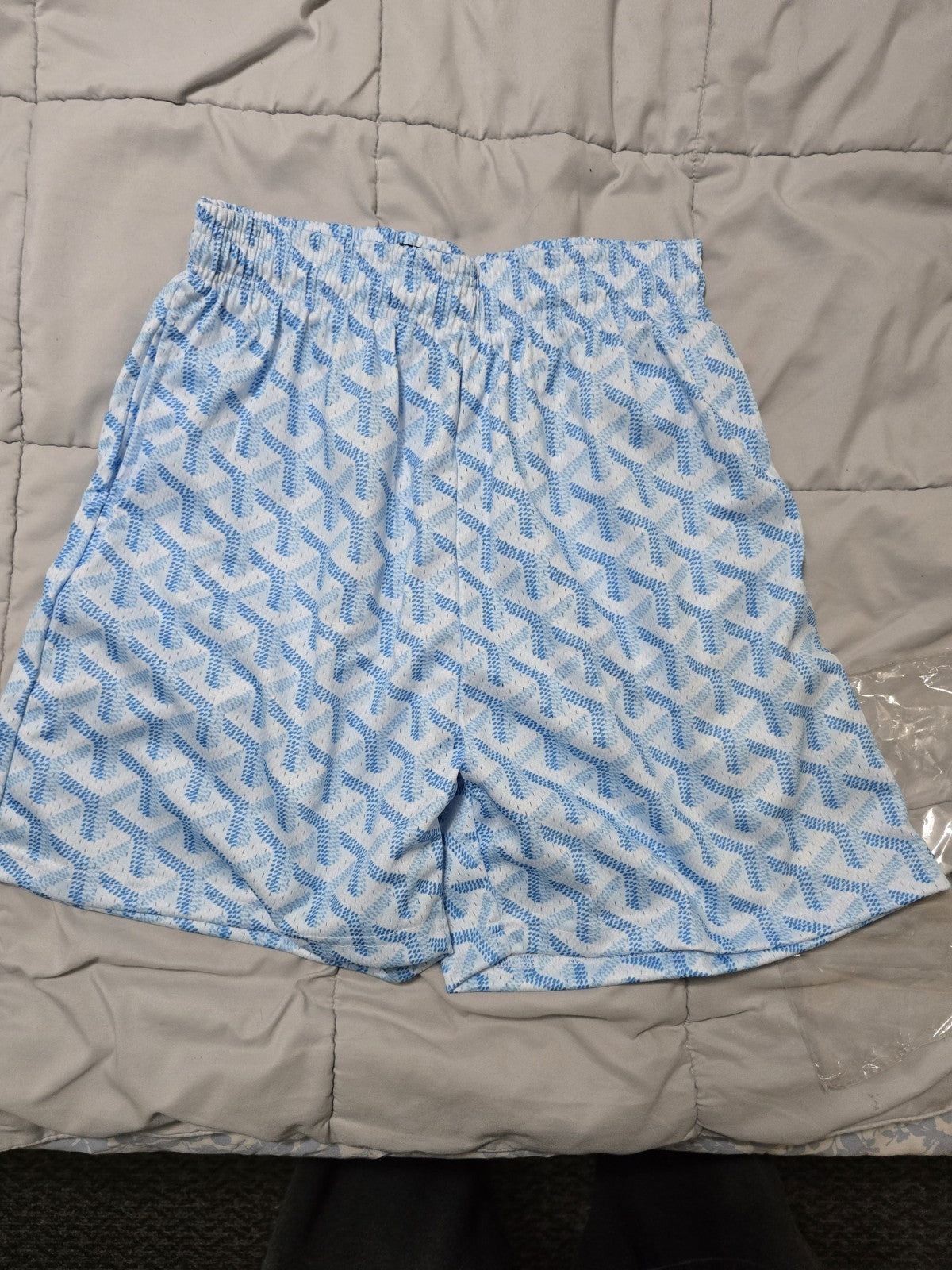 Asylum Men's Blue White Geometric Swim Shorts L Elastic Waist Mesh Lined