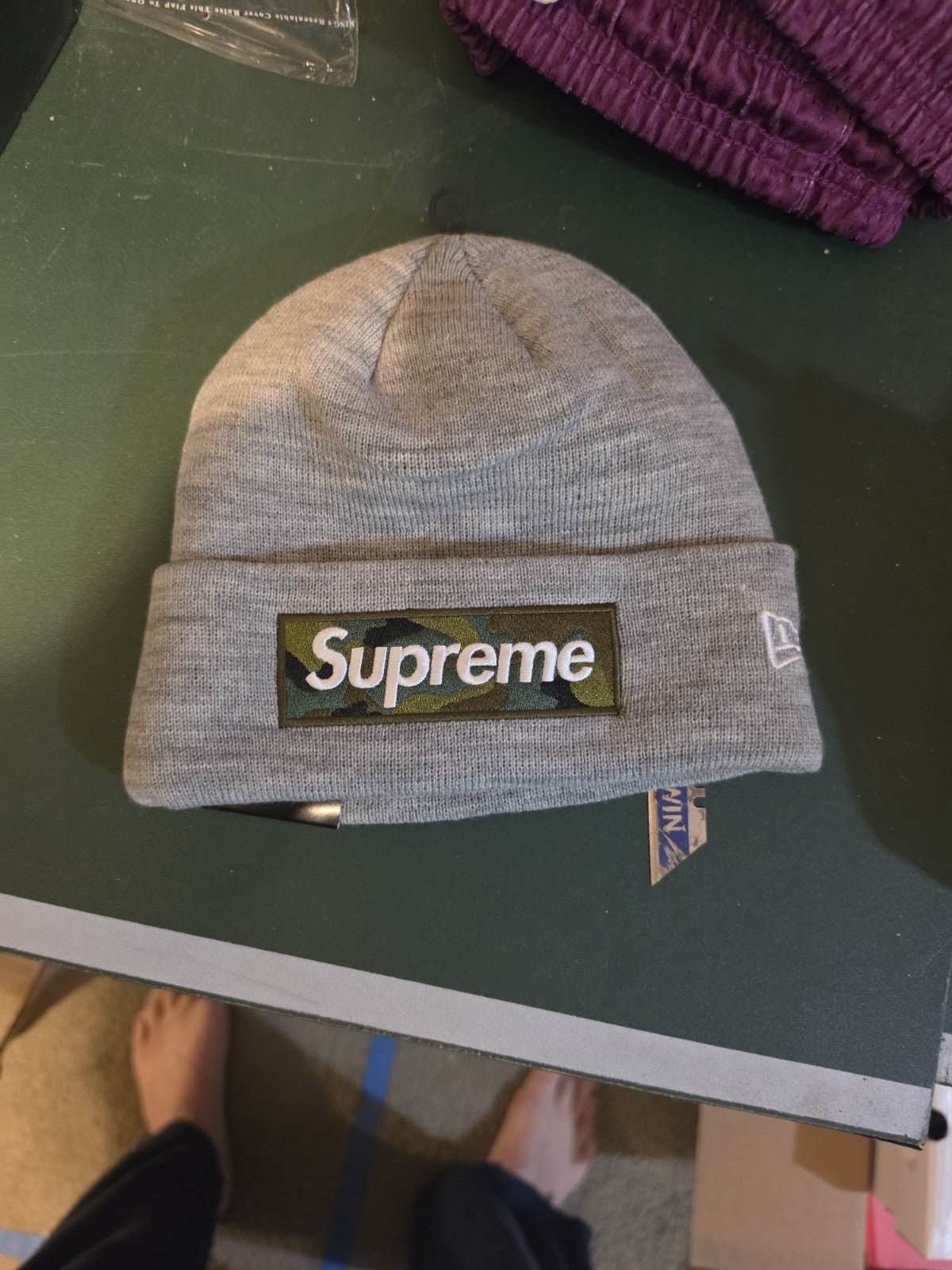 Supreme New Era Box Logo Beanie  Winter Hat FW23 Heather Grey With Camo ￼