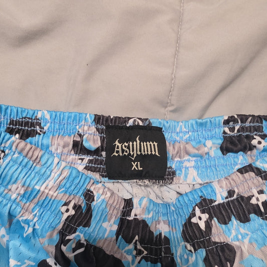 Asylum Men's Blue Black Camouflage Logo Swim Shorts XL Drawstring Mesh Lined