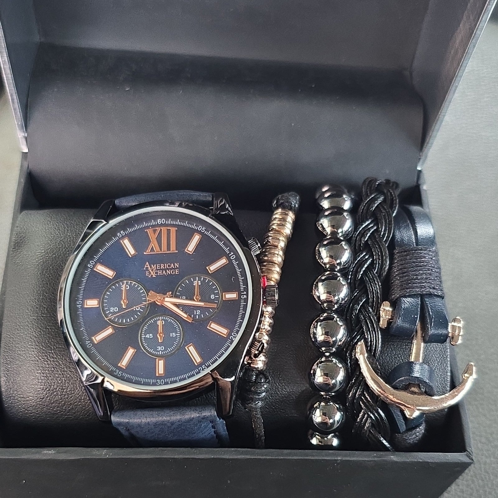 American Exchange Black Gold Leather Metal Watch & Bracelet Jewelry Set