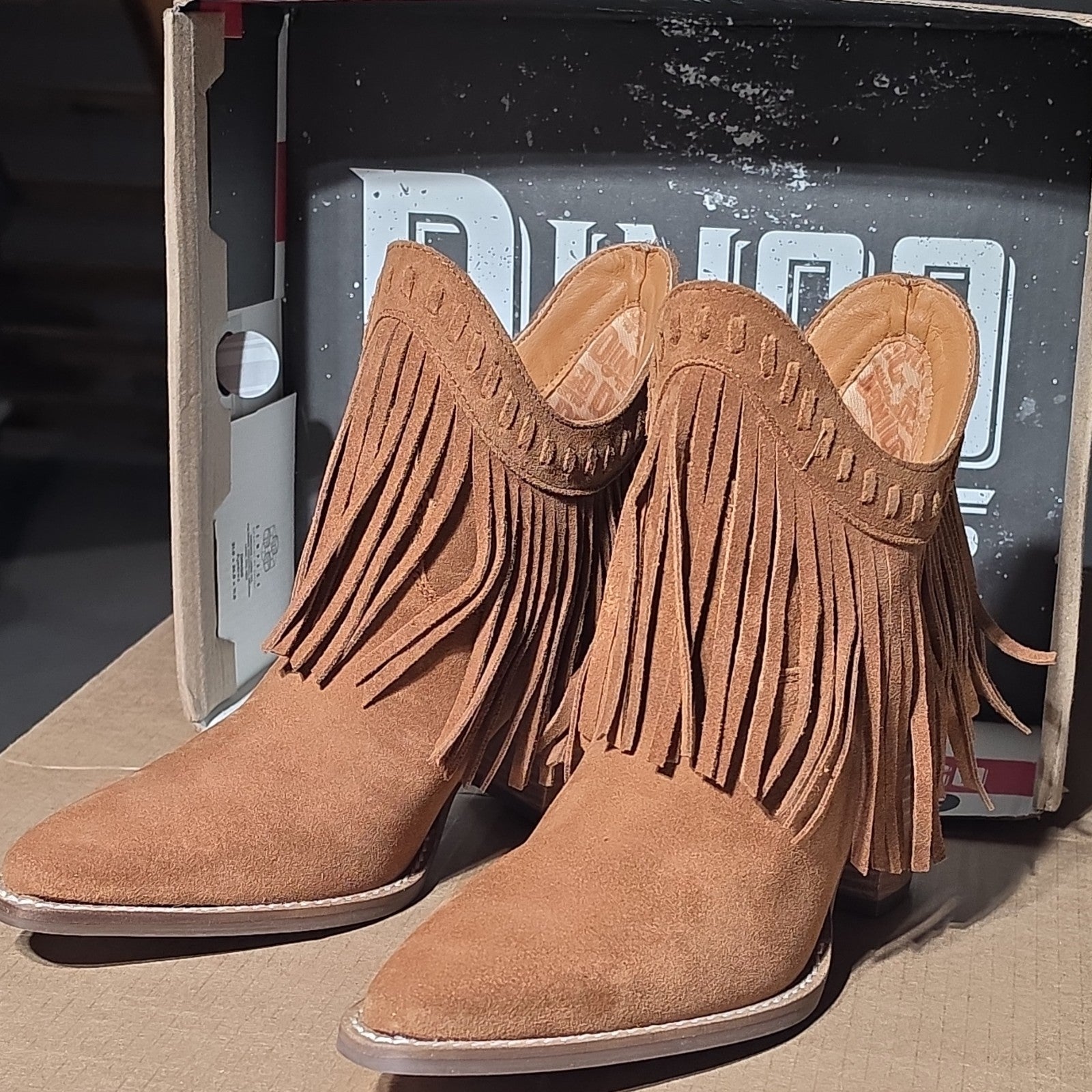Dingo Brown Suede Fringe Western Ankle Boots Pointed Toe 7M Rare Sample Boot