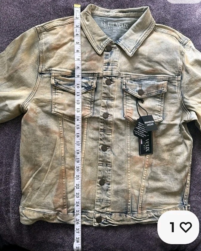 si tu veux Men's Jean Jacket XL Beige Blue Button Accents Heavyweight Casual